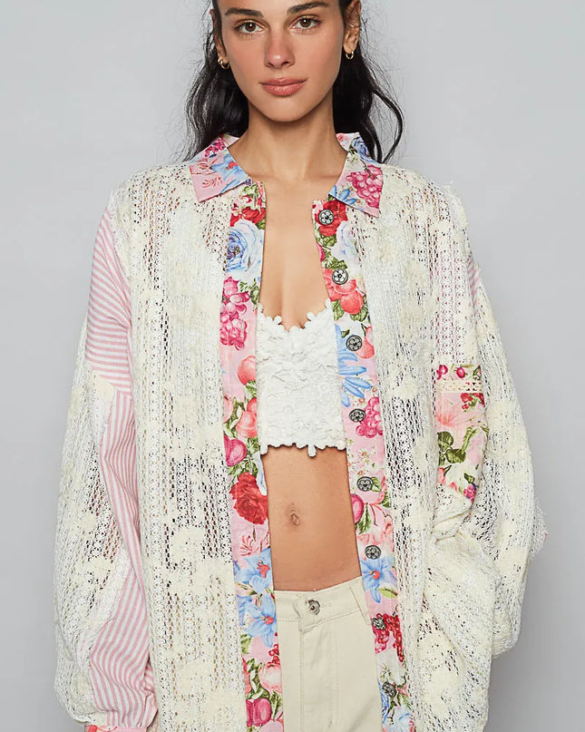 POL Lace Long Sleeve Shirt with Floral and Striped Pattern - Sleekdenim.com