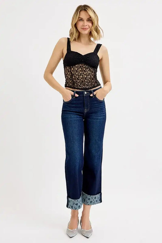 RISEN Mid Rise Fit Crop Wide With Printed Cuff Jeans