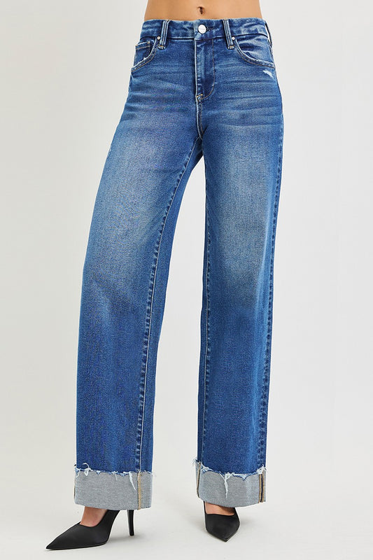 RISEN High Rise Wide Leg Jeans With Cuffed Hem - Sleekdenim.com