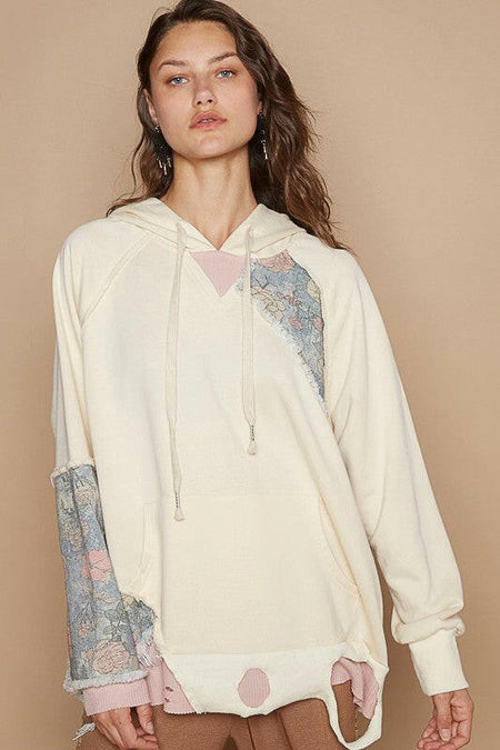 POL Floral Patchwork Distressed Drawstring Hoodie | Sleekdenim.com