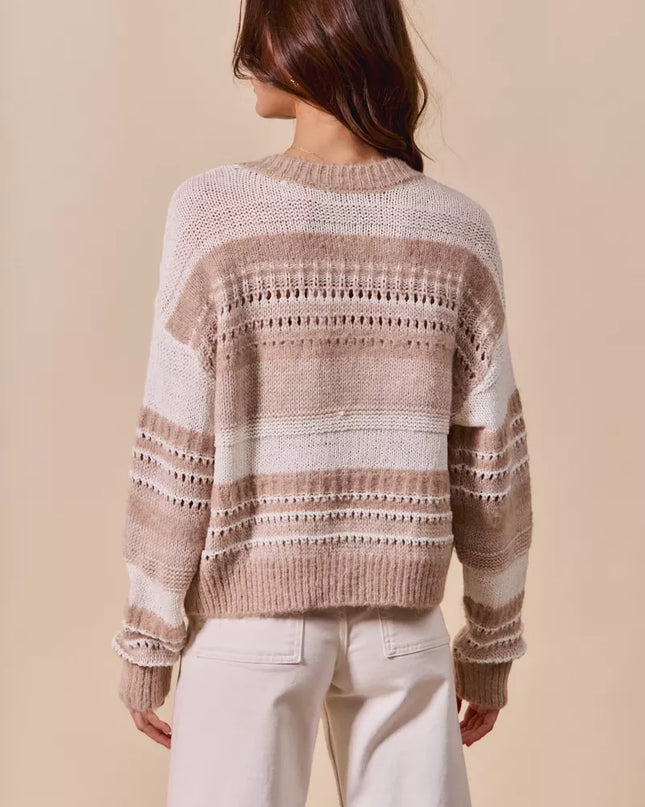 SO ME Variegated Stripe Textured Loose Fit Sweater - Sleekdenim.com