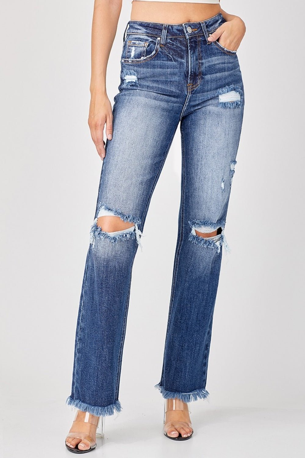 Risen Full Size Raw Hem Distressed Straight Jeans | Sleekdenim.com