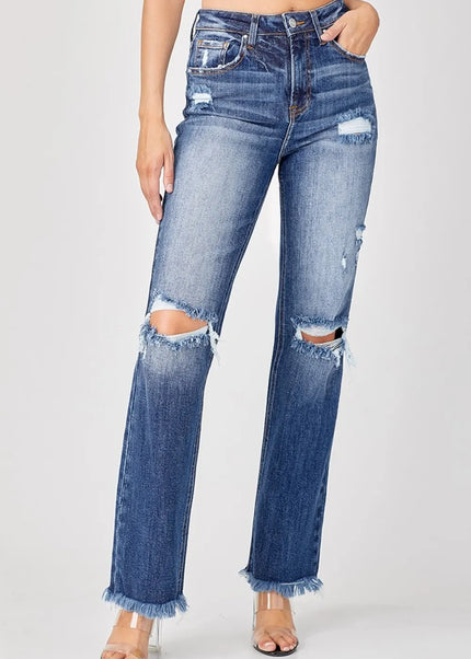 Risen Full Size Raw Hem Distressed Straight Jeans - Sleekdenim.com