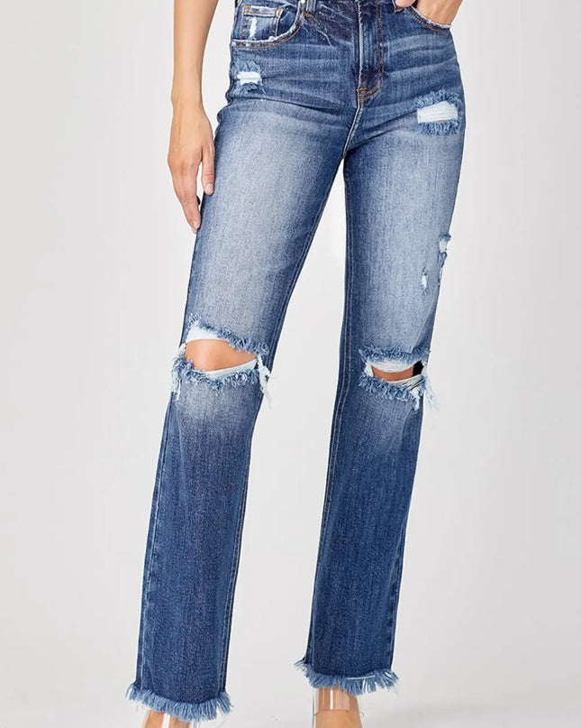 Risen Full Size Raw Hem Distressed Straight Jeans - Sleekdenim.com