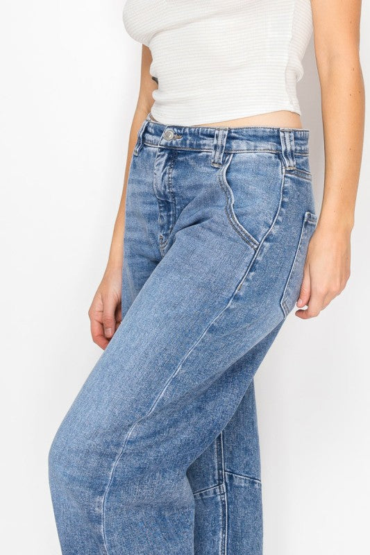 AT2083BRM Adjustable Strap Waistband Barrel Jeans - Sleekdenim.com