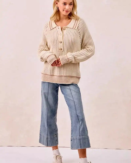 BiBi Half Button Ribbed Two Tone Sweater - Sleekdenim.com