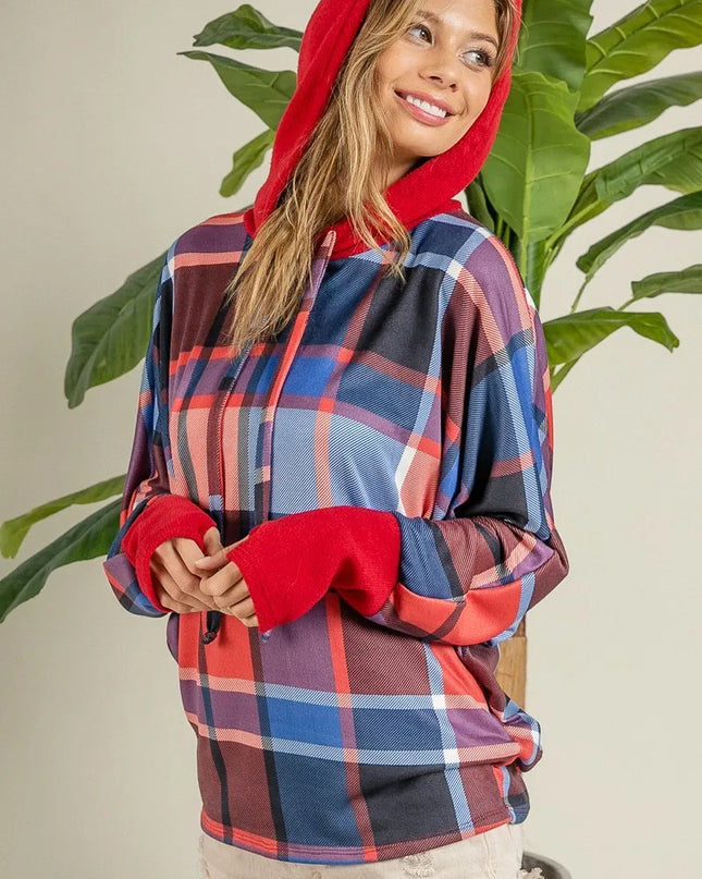 BiBi Plaid Mirr Brushed Rib Contrast Thumb Open Hoodie - Sleekdenim.com