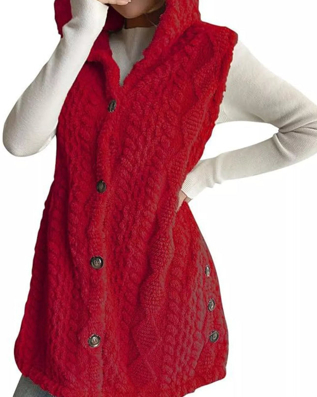 Hooded Button-Up Sherpa Vest Coat - Sleekdenim.com