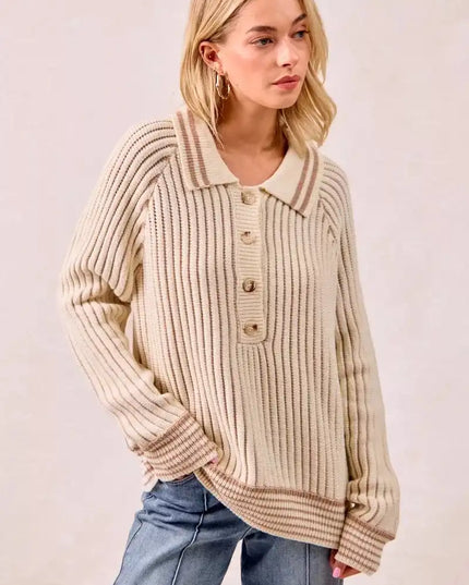 BiBi Half Button Ribbed Two Tone Sweater - Sleekdenim.com