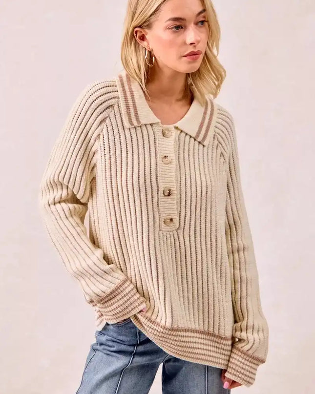BiBi Half Button Ribbed Two Tone Sweater - Sleekdenim.com