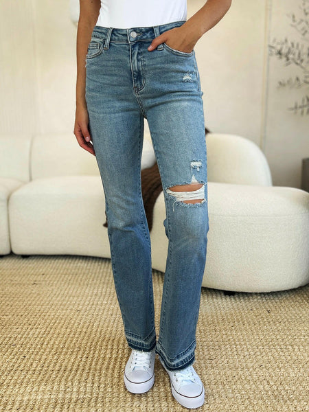 Judy Blue Full Size Mid Rise Bootcut Destroyed Hem Distressed Jeans | Sleekdenim.com