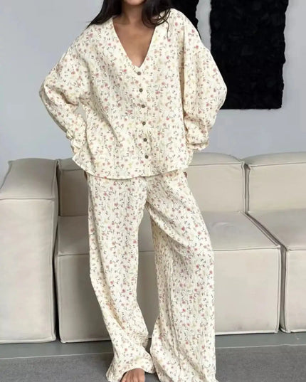 Floral Print Button-Down Top and Pants Lounge Set - Sleekdenim.com