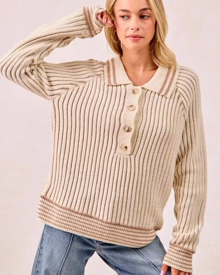 BiBi Half Button Ribbed Two Tone Sweater - Sleekdenim.com