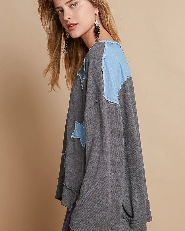 POL Exposed Seam Relaxed Fit Sweater with Star Denim Patch - Sleekdenim.com