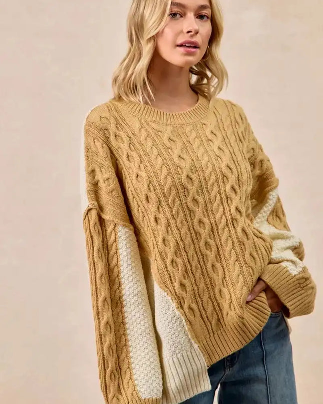 BiBi Cable Knit With Hacci Combo Sweater With Uneven Hem Detail - Sleekdenim.com