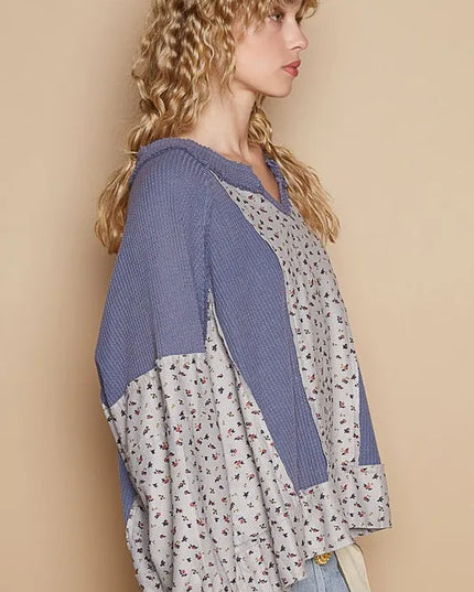 POL Waffle Knit Floral Notched Long Sleeve Top - Sleekdenim.com