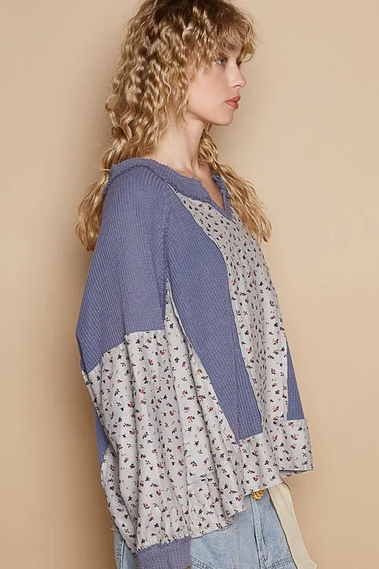POL Waffle Knit Floral Notched Long Sleeve Top - Sleekdenim.com