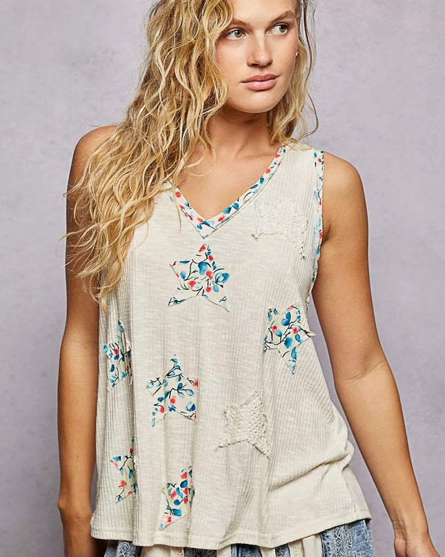 POL Floral Print Star Patch V-Neck Ribbed Tank - Sleekdenim.com