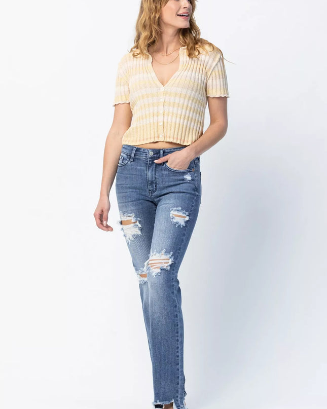Judy Blue Full Size Mid Rise Destroy Straight Jeans Plus Size - Sleekdenim.com