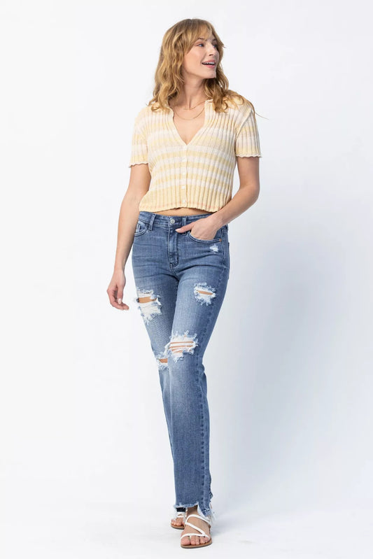 Judy Blue Full Size Mid Rise Destroy Straight Jeans Plus Size - Sleekdenim.com