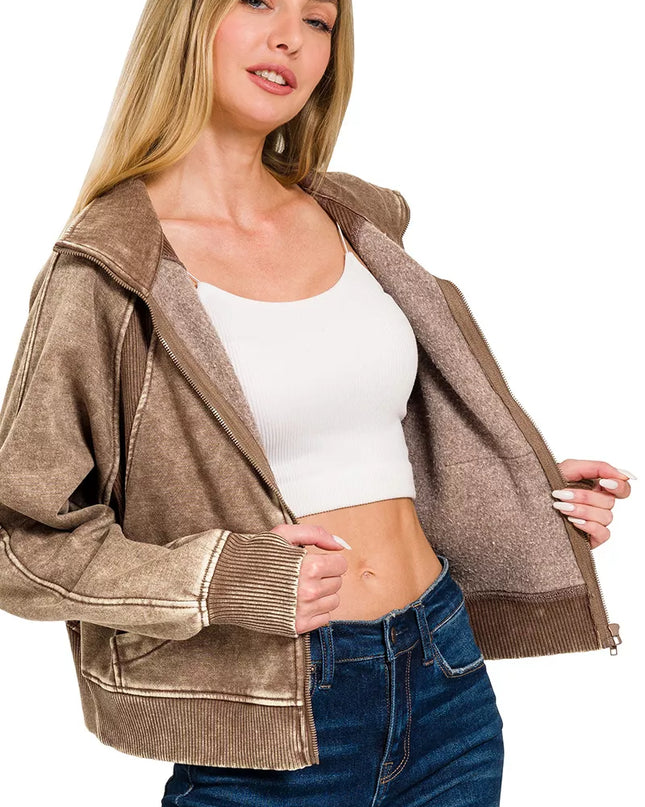 Zenana Acid Wash Zip Up Fleece Jacket - Sleekdenim.com