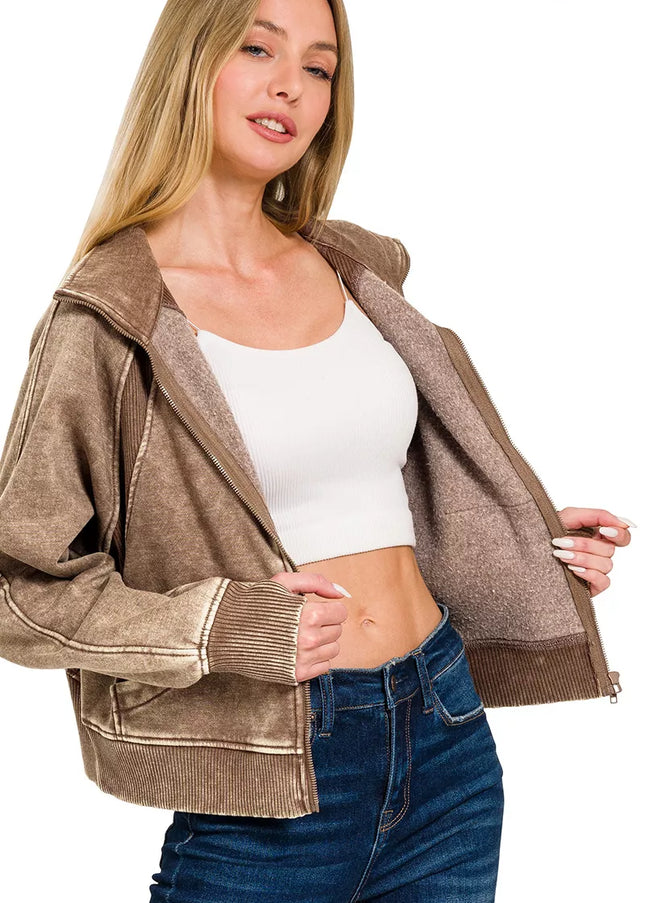 Zenana Acid Wash Zip Up Fleece Jacket - Sleekdenim.com