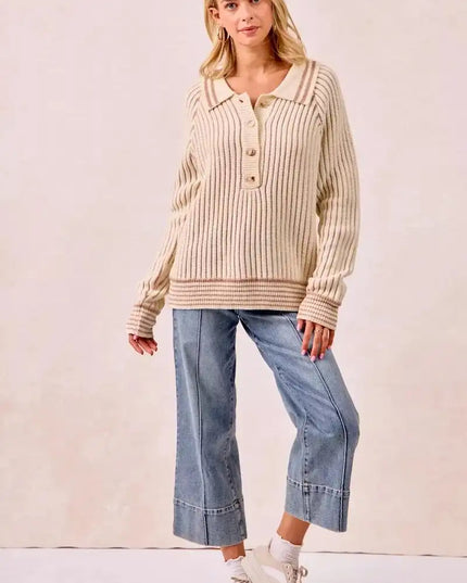 BiBi Half Button Ribbed Two Tone Sweater - Sleekdenim.com