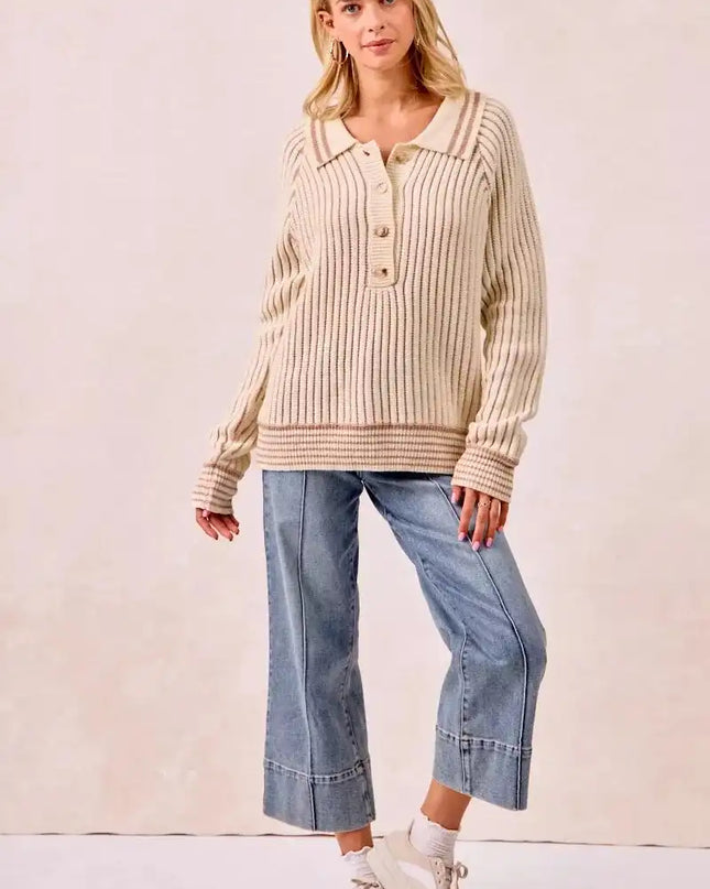BiBi Half Button Ribbed Two Tone Sweater - Sleekdenim.com