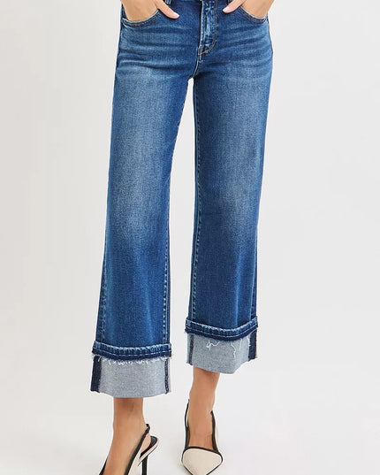 RISEN Mid Rise Ankle Straight Jeans with Cuffed Hem - Sleekdenim.com