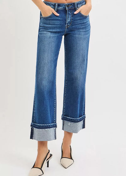 RISEN Mid Rise Ankle Straight Jeans with Cuffed Hem - Sleekdenim.com