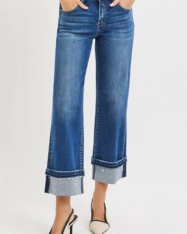 RISEN Mid Rise Ankle Straight Jeans with Cuffed Hem - Sleekdenim.com