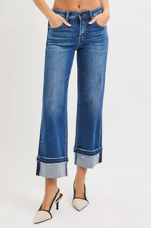 RISEN Mid Rise Ankle Straight Jeans with Cuffed Hem - Sleekdenim.com