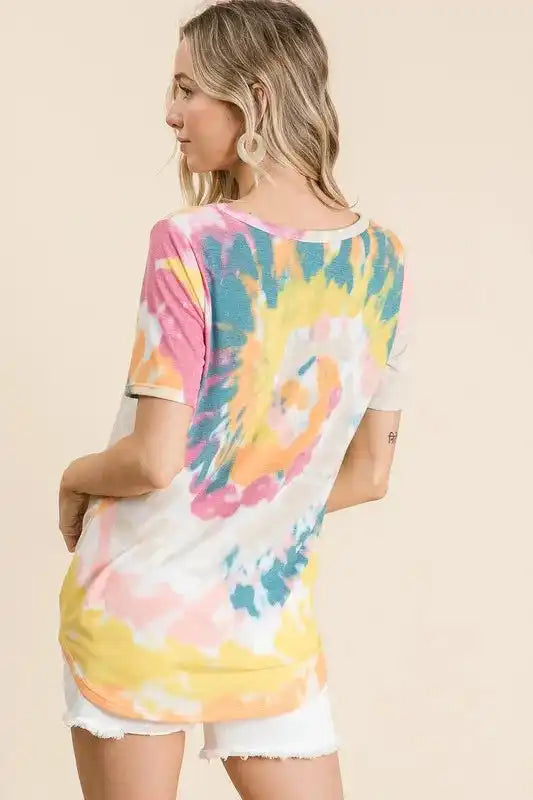 BiBi Circular Tie Dye Print V Neck Top - Sleekdenim.com