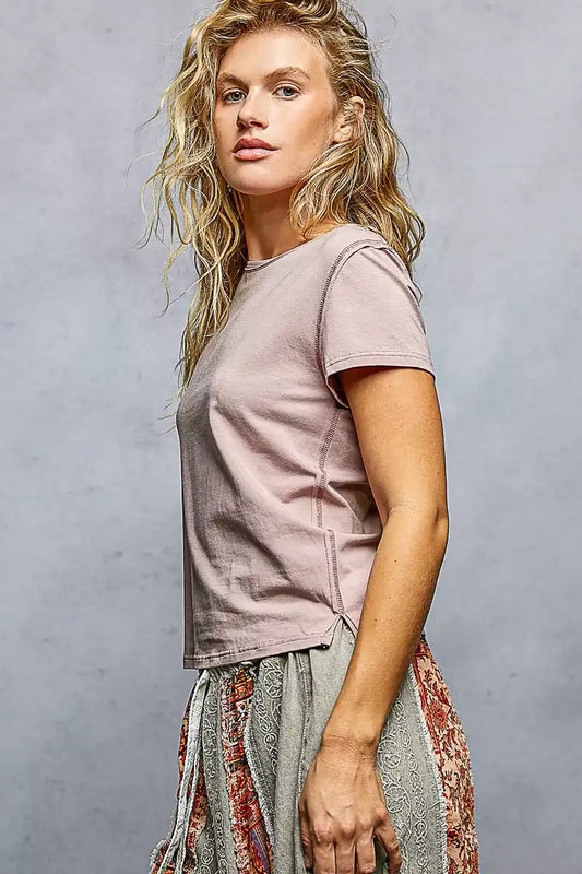 POL Contrast Stitching Round Neck Short Sleeve T-Shirt - Sleekdenim.com