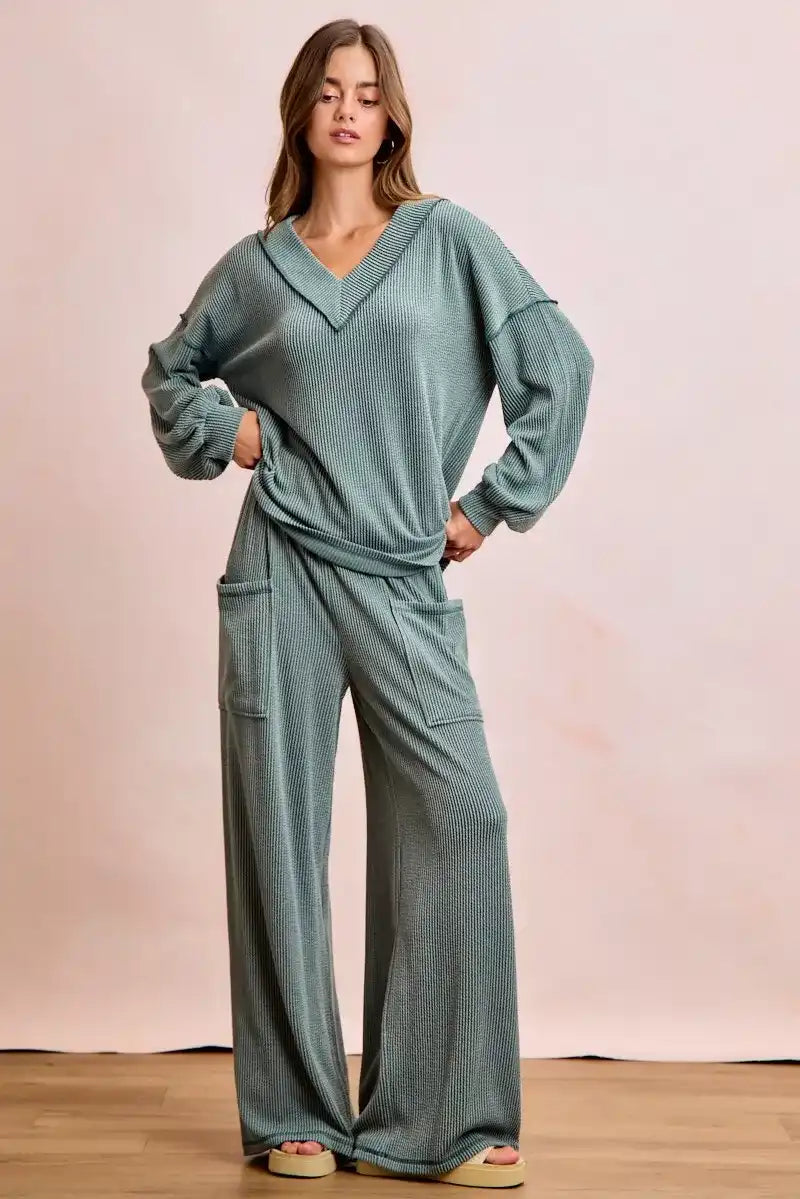 BiBi Two Tone Cord Rib Contrast Stitching V-Neck Top and Pants Set - Sleekdenim.com