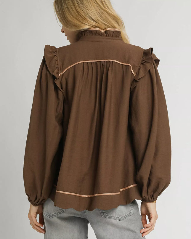 Umgee Ruffle Shoulder Long Sleeve Blouse - Sleekdenim.com