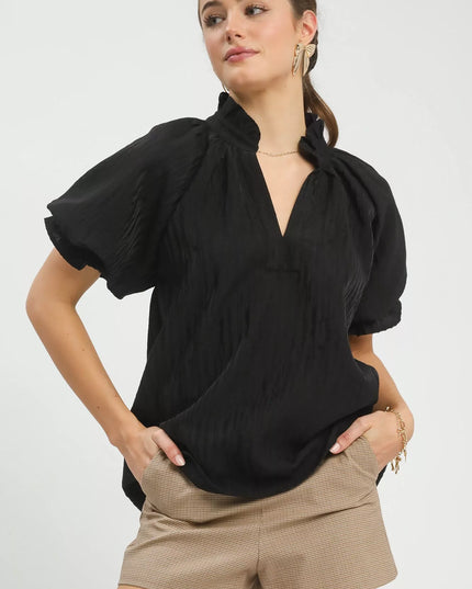 Umgee Textured Puff Sleeve Split Neck Top - Sleekdenim.com