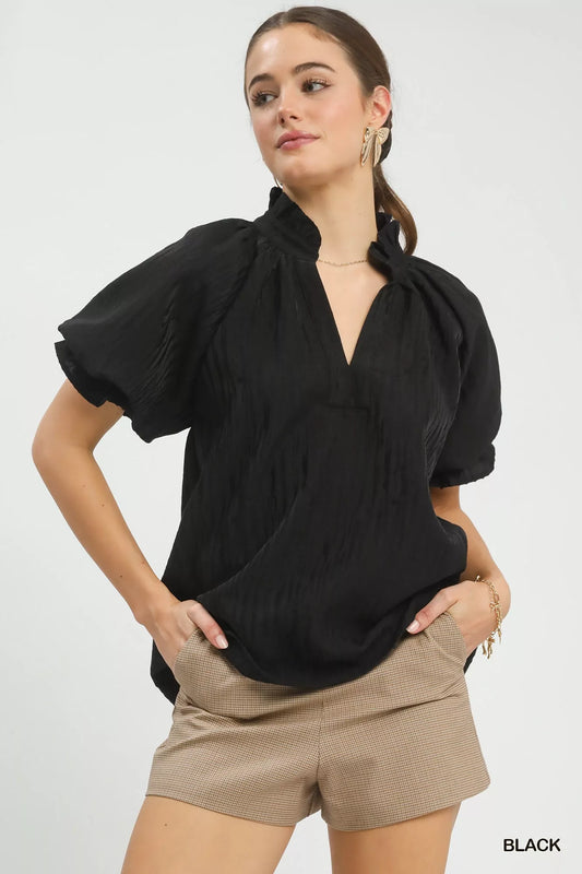 Umgee Textured Puff Sleeve Split Neck Top - Sleekdenim.com