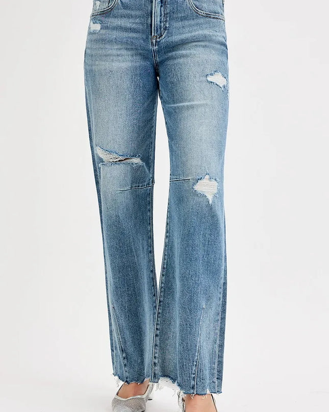 RISEN Full Size Mid Rise Fit Wide Baggy Leg Tie Washed Jeans Plus Size - Sleekdenim.com