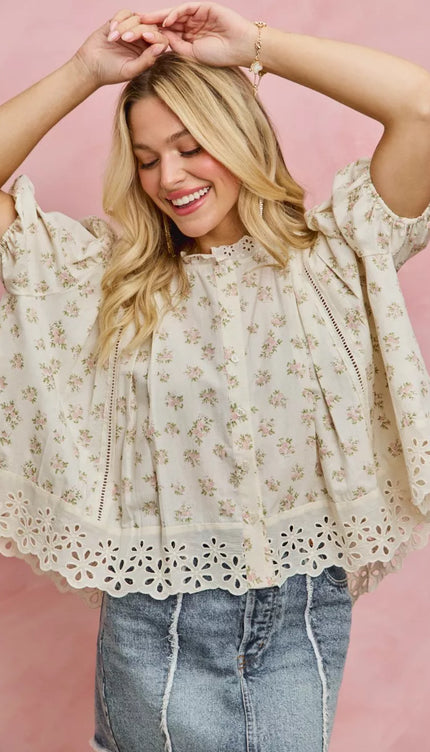 SO ME Floral Print Lace Trim Short Sleeves Blouse - Sleekdenim.com