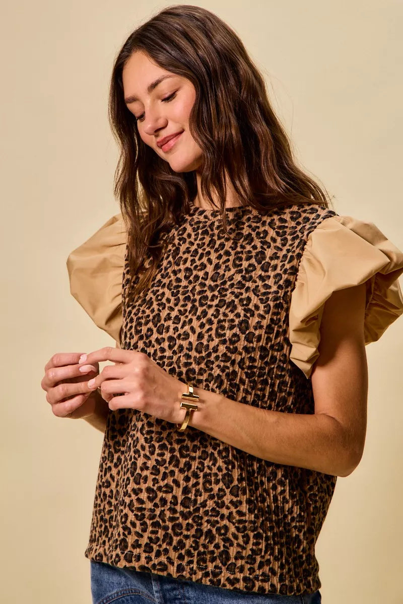 SO ME Leopard Pointelle Knit Top with Puff Sleeves - 11