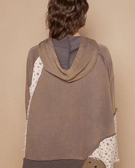 POL Floral Patchwork Distressed Drawstring Hoodie - Sleekdenim.com