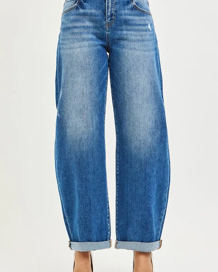 RISEN Full Size Mid Rise Barrel Double Roll Up Jeans Plus Size - Sleekdenim.com