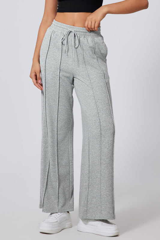 Gray Seamed Drawstring High Waist Wide Leg Sweatpants - Sleekdenim.com