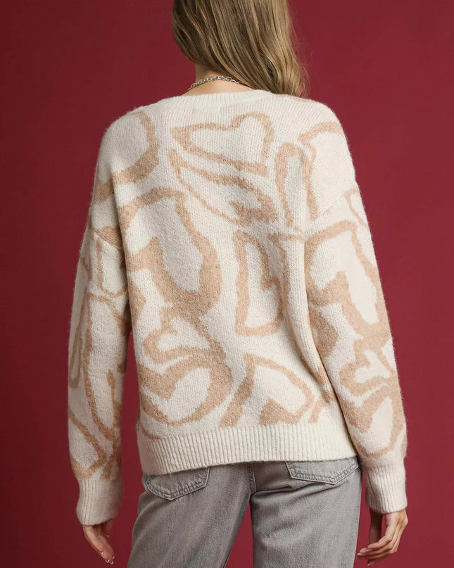 Umgee Heart Print Crew Neck Sweater - Sleekdenim.com