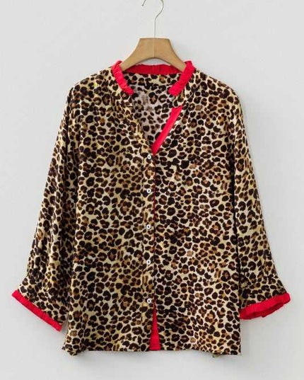 Leopard Contrast Ruffle Trim Buttoned V-Neck Shirt - Sleekdenim.com