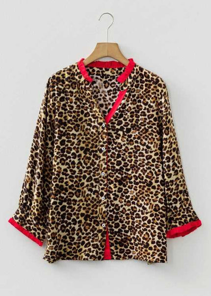 Leopard Contrast Ruffle Trim Buttoned V-Neck Shirt - Sleekdenim.com