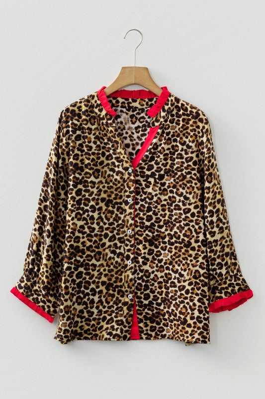 Leopard Contrast Ruffle Trim Buttoned V-Neck Shirt - Sleekdenim.com