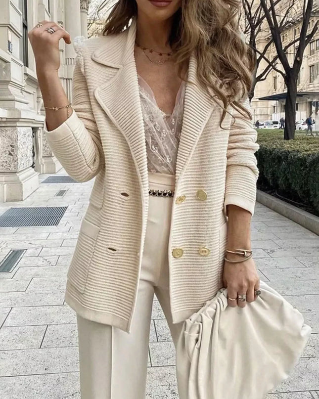 Texture Knit Double-Breasted Blazer - Sleekdenim.com