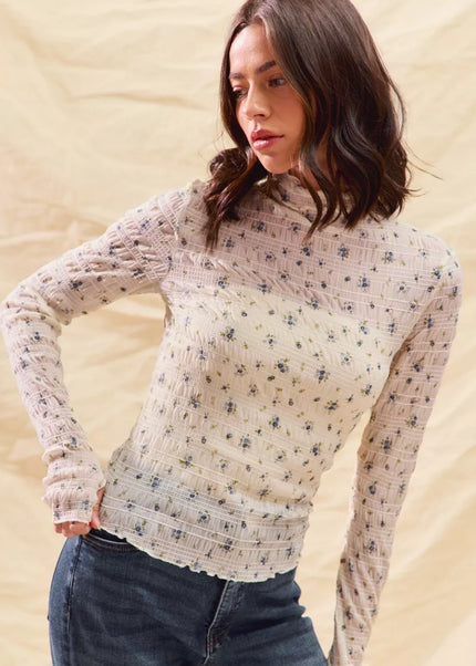 SO ME Floral Print Textured Long Sleeve Knit Top - Sleekdenim.com